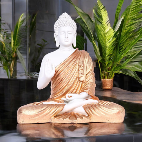 White Matte Finish Lord Buddha Statue—Rose Gold Drapery Details