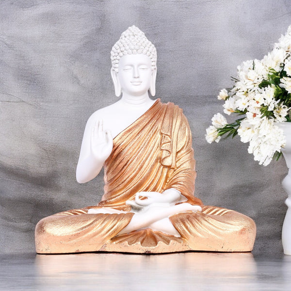 White Matte Finish Lord Buddha Statue—Rose Gold Drapery Details
