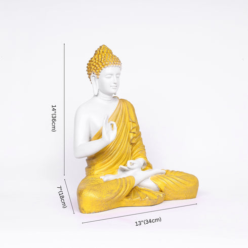 White Matte Finish Lord Buddha Statue—Yellow Drapery Details