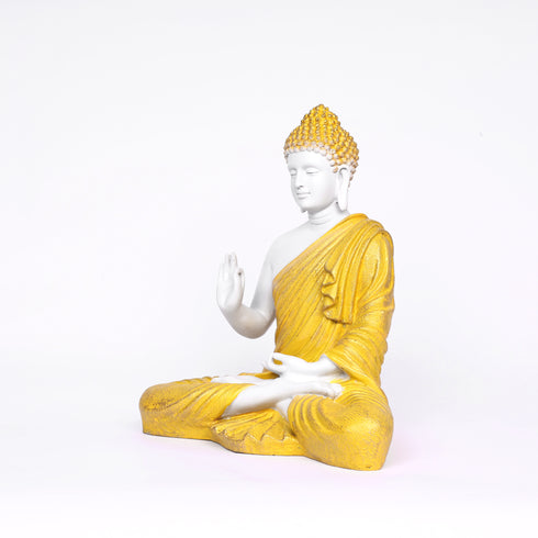 White Matte Finish Lord Buddha Statue—Yellow Drapery Details