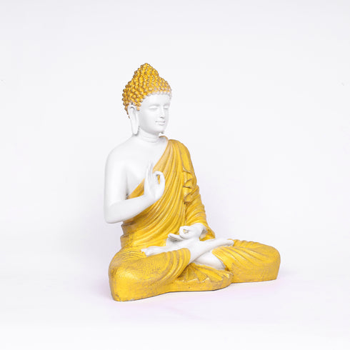 White Matte Finish Lord Buddha Statue—Yellow Drapery Details