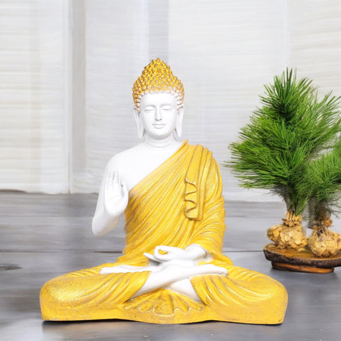 White Matte Finish Lord Buddha Statue—Yellow Drapery Details
