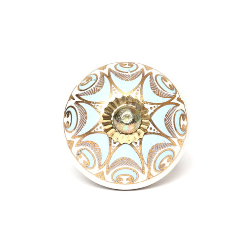 White and Blue Handcrafted and Hand painted Ceramic Knobs—Round Shaped—Set of 6—Abstract Pattern