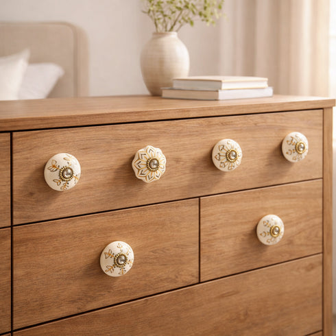 White and Golden Handcrafted and Hand painted Ceramic Knobs