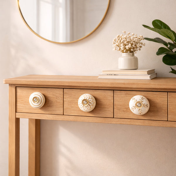 White and Golden Handcrafted and Hand painted Ceramic Knobs