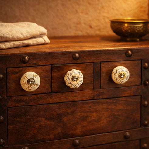 White and Golden Handcrafted and Hand painted Ceramic Knobs