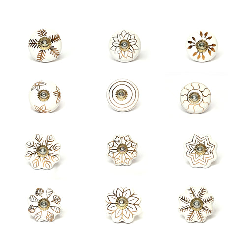 White and Golden Handcrafted and Hand painted Ceramic Knobs - Round and Melon Shaped - Set of 12 - Abstract Design