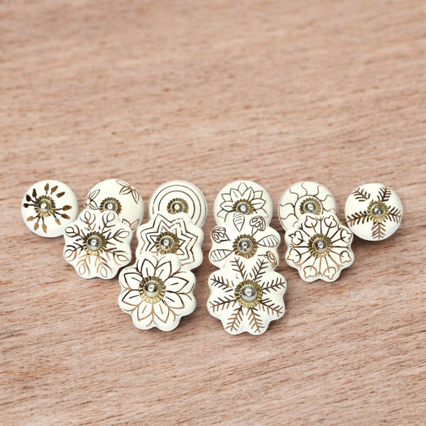 White and Golden Handcrafted and Hand painted Ceramic Knobs - Round and Melon Shaped - Set of 12 - Abstract Design