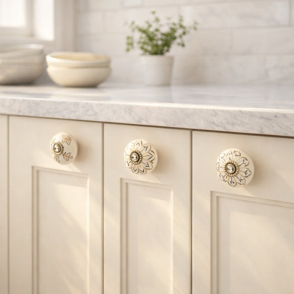 White and Golden Handcrafted and Hand painted Ceramic Knobs