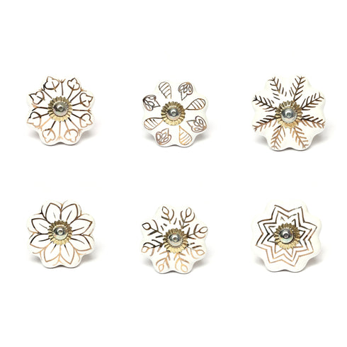 White and Golden Handcrafted and Hand painted Ceramic Knobs—Melon Shaped—Set of 6—Abstract Design