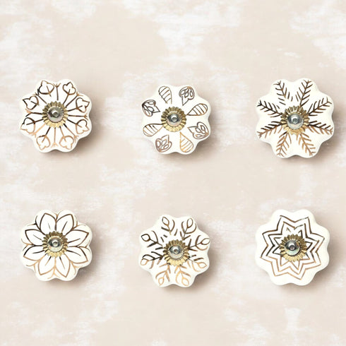 White and Golden Handcrafted and Hand painted Ceramic Knobs—Melon Shaped—Set of 6—Abstract Design