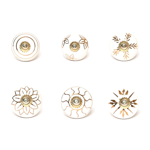 White and Golden Handcrafted and Hand painted Ceramic Knobs—Round Shaped—Set of 6—Abstract Design