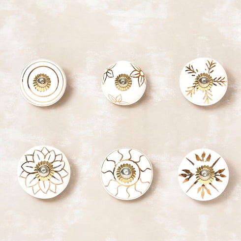 White and Golden Handcrafted and Hand painted Ceramic Knobs—Round Shaped—Set of 6—Abstract Design