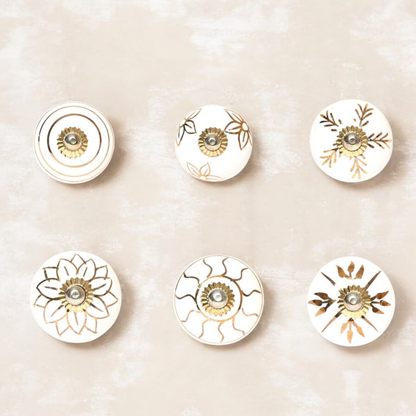White and Golden Handcrafted and Hand painted Ceramic Knobs—Round Shaped—Set of 6—Abstract Design
