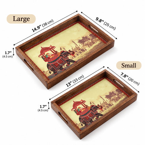 Traditional Elephant Wooden Serving Tray Set of 2