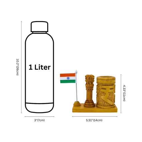 Wooden Ashok Stambh pen stand with tricolour flag, patriotic desk accessory gift