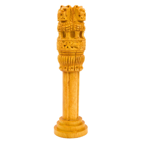 Wooden Ashoka Pillar showpiece 8 inch on desk, natural wood Indian heritage decor