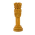 Close-up of carved lions and bell-shaped capital on wooden Ashoka Stambh showpiece