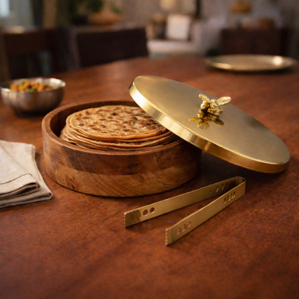 Wooden Chapati Box with Brass Lid