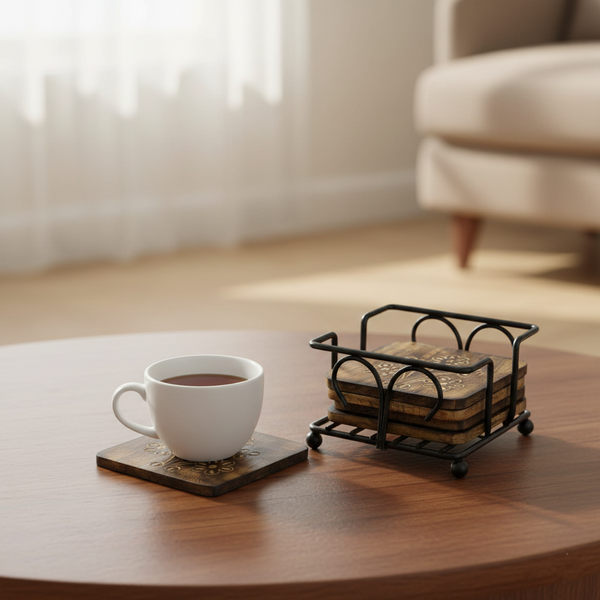 Wooden Floral Coaster Set with Metal Holder – Table Décor Item