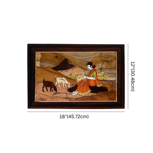 Wooden Mysore Inlay Painting of a Rural Woman Embracing Baby Goat