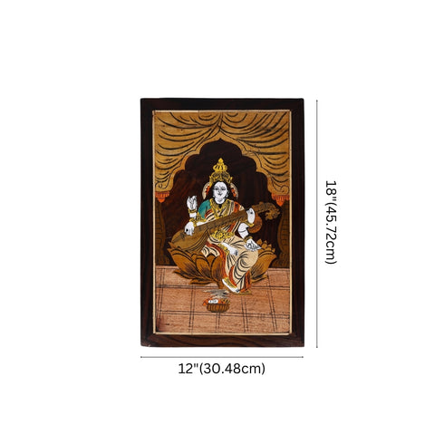 Wooden Mysore Inlay Painting of Goddess Saraswati