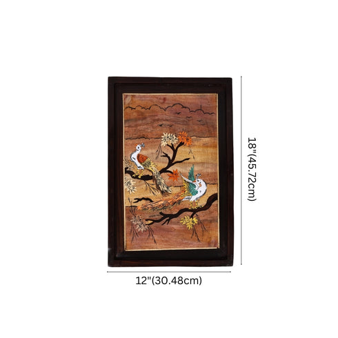 Wooden Mysore Inlay Painting of Graceful Peacocks on a Tree