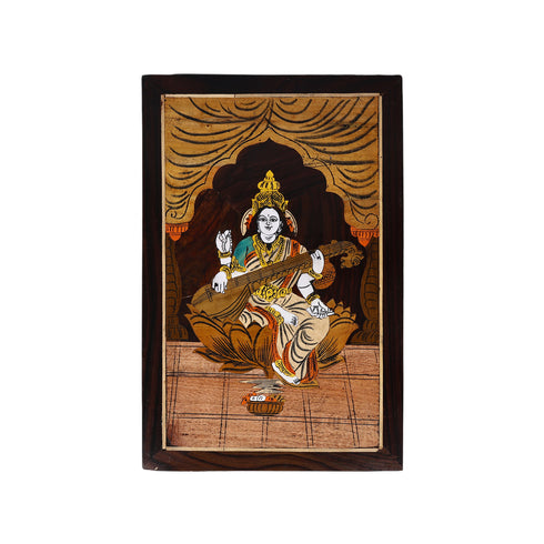 Wooden Mysore Inlay Painting of Goddess Saraswati