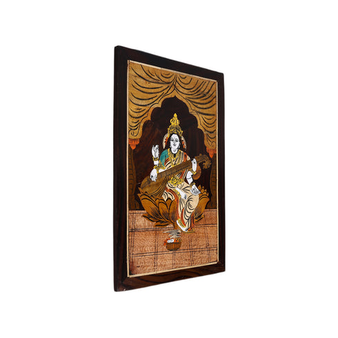 Wooden Mysore Inlay Painting of Goddess Saraswati