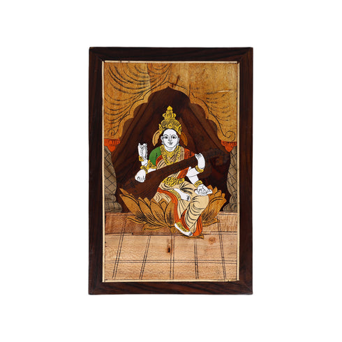Wooden Mysore Inlay Painting of Goddess Saraswati