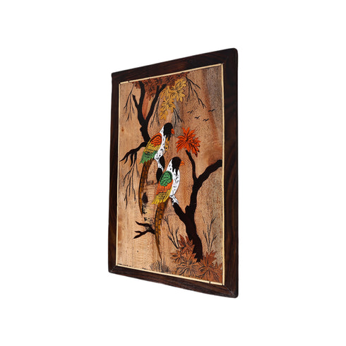 Wooden Mysore Inlay Painting of Graceful Peacocks on a Tree