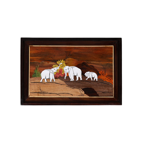Wooden Mysore Inlay Painting of Group of Elephants