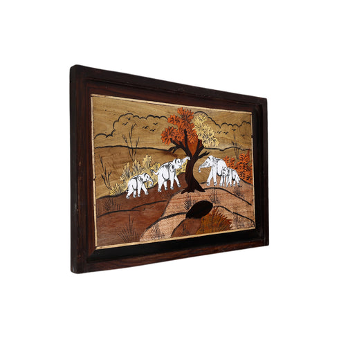 Wooden Mysore Inlay Painting of Herd of Elephants