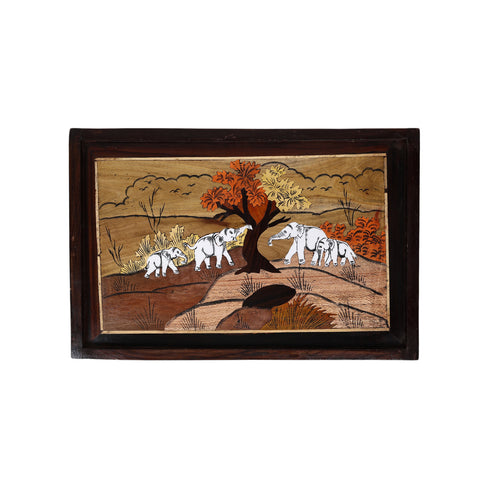 Wooden Mysore Inlay Painting of Herd of Elephants