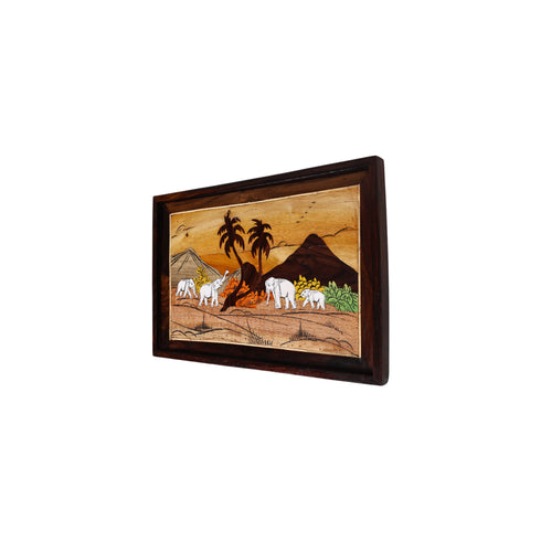 Wooden Mysore Inlay Painting of Herd of Elephants