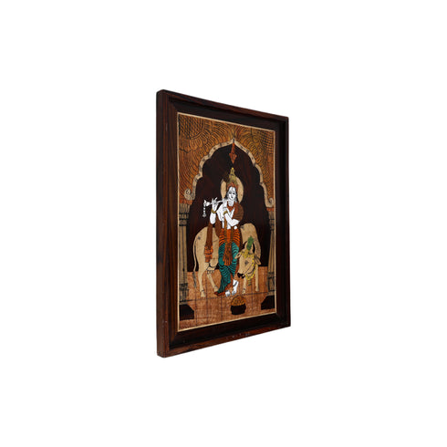 Wooden Mysore Inlay Painting of Lord Krishna with Sacred Cow