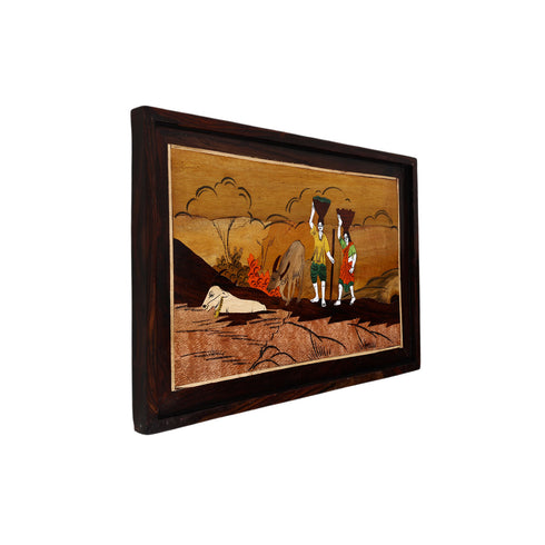 Wooden Mysore Inlay Painting of Rural Couple carrying Basket
