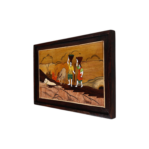 Wooden Mysore Inlay Painting of Rural Couple carrying Basket