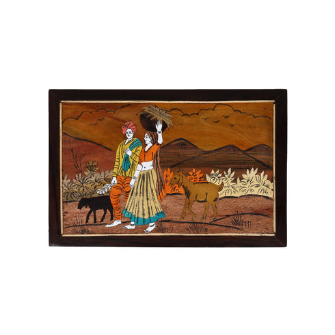 Wooden Mysore Inlay Painting of Rural Couple with Goats
