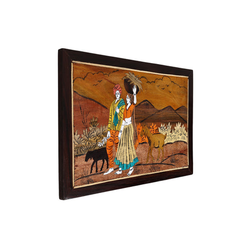 Wooden Mysore Inlay Painting of Rural Couple with Goats