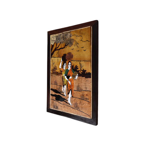 Wooden Mysore Inlay Painting of Rural Women Carrying Water Pots