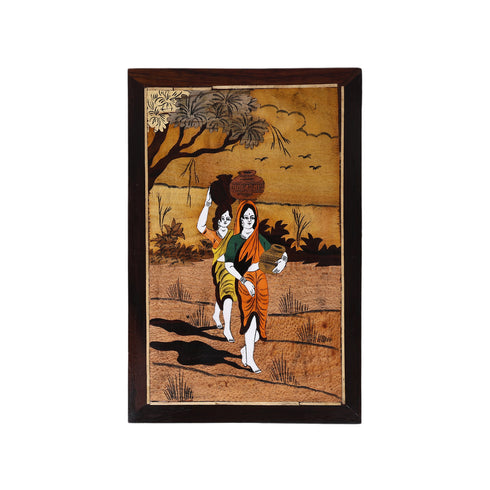 Wooden Mysore Inlay Painting of Rural Women Carrying Water Pots