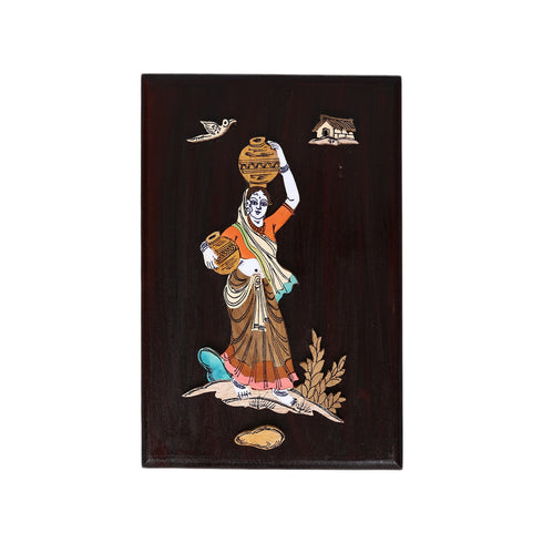 Wooden Mysore Inlay Painting of a Rural Woman Balancing Pots of Water