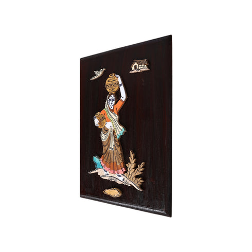 Wooden Mysore Inlay Painting of a Rural Woman Balancing Pots of Water