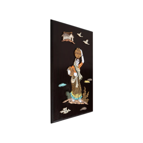 Wooden Mysore Inlay Painting of a Rural Woman Balancing Pots of Water