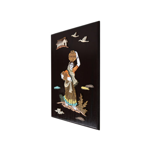 Wooden Mysore Inlay Painting of a Rural Woman Balancing Pots of Water