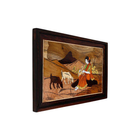 Wooden Mysore Inlay Painting of a Rural Woman Embracing Baby Goat