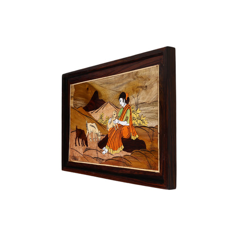 Wooden Mysore Inlay Painting of a Rural Woman Embracing Baby Goat
