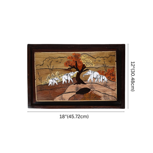 Wooden Mysore Inlay Painting of Herd of Elephants