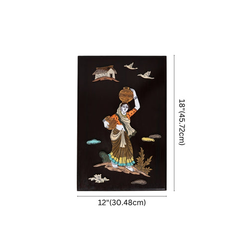 Wooden Mysore Inlay Painting of a Rural Woman Balancing Pots of Water